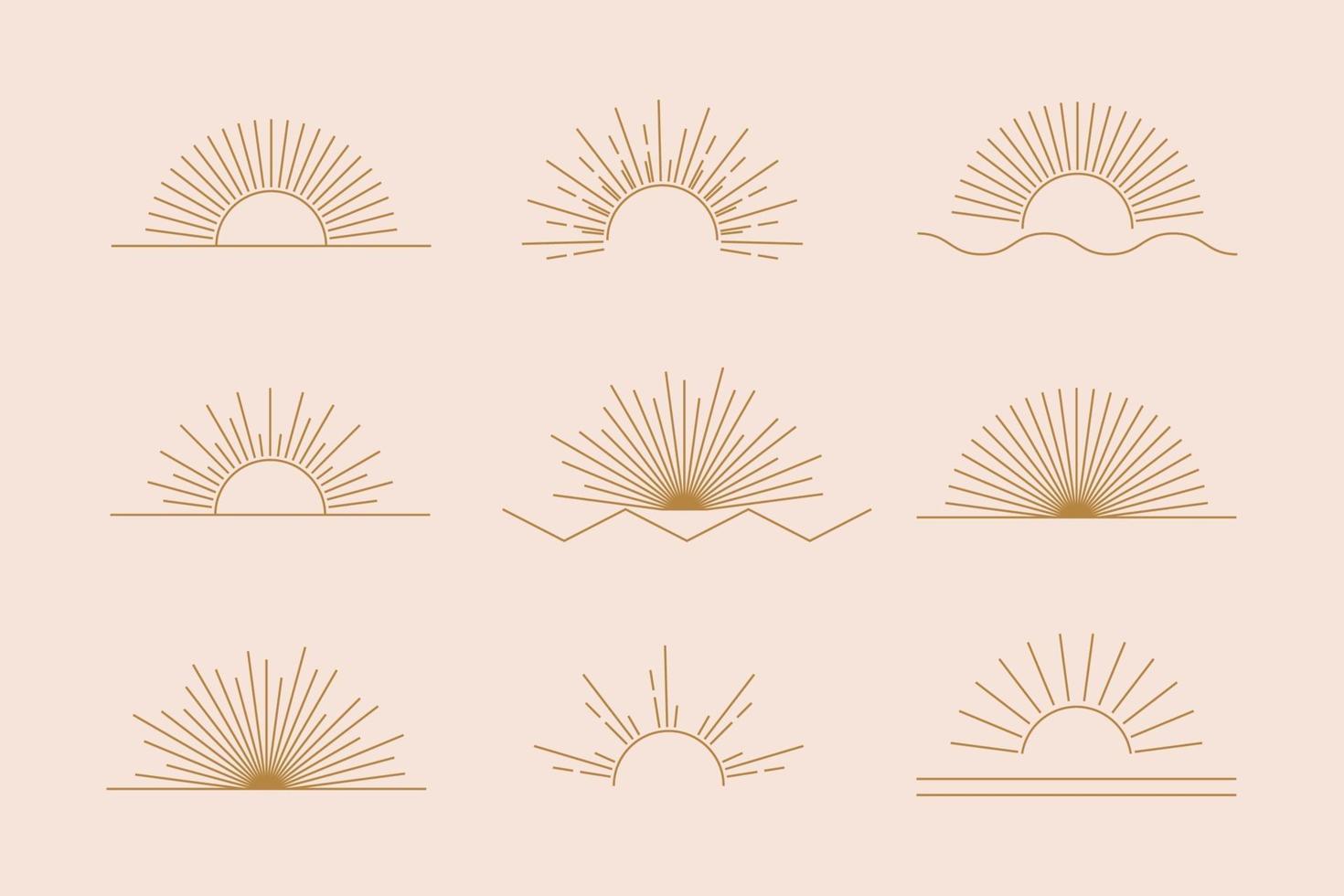 conjunto de sol de vetor de ícones e símbolos boho lineares, design de logotipo de sol