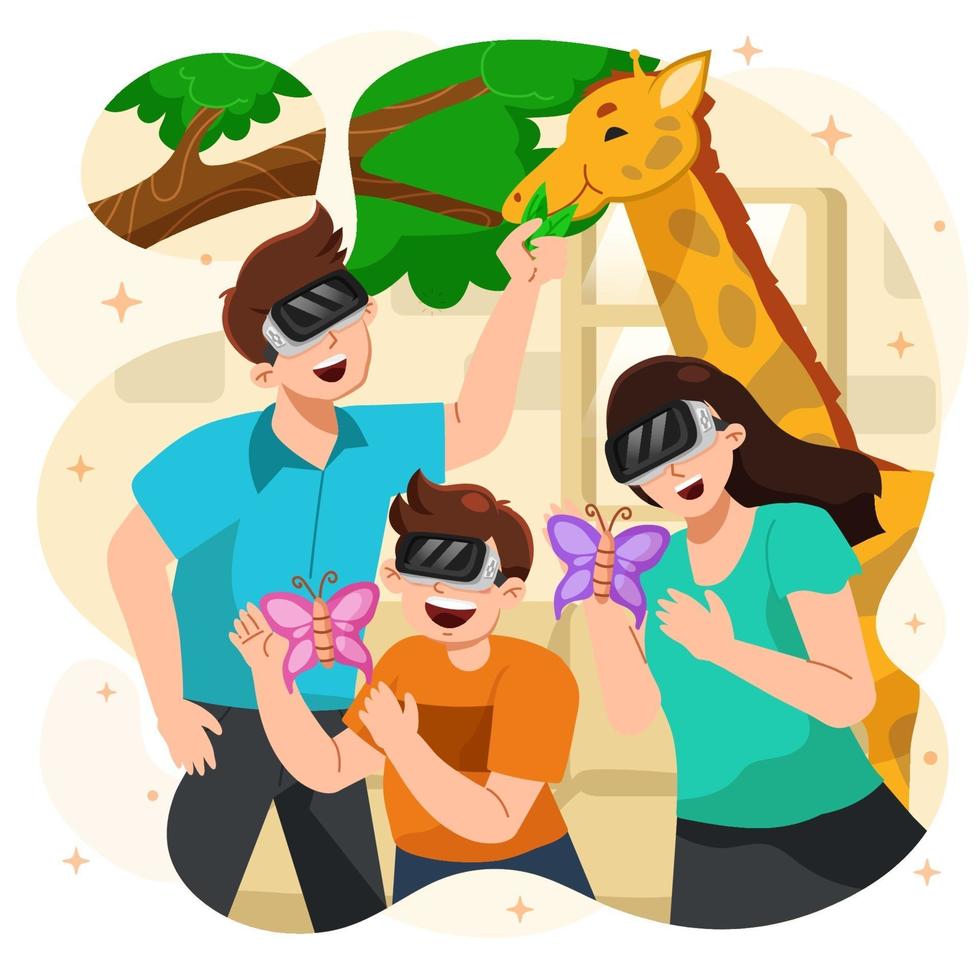 família animada com o zoológico de realidade virtual em casa vetor