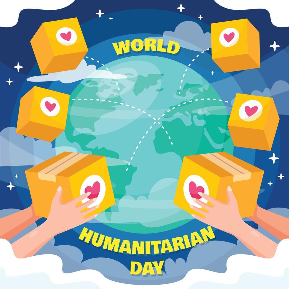 dia mundial humanitário com globo e caixas de doação vetor