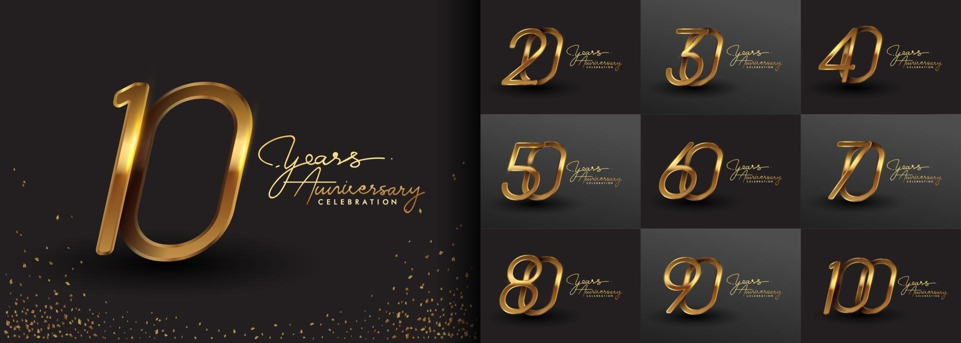 conjunto de design de logotipo de aniversário com escrita à mão na cor dourada vetor