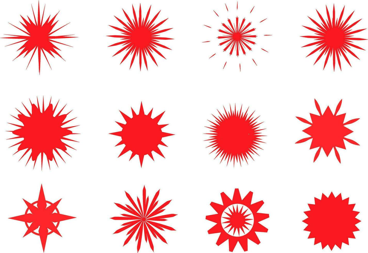 coleção vermelho estrelas adesivos e Distintivos para promoção.starburst adesivos conjunto - uma coleção do volta e oval brilhante etiquetas e botões com promocional ofertas isolado em uma branco fundo. vetor