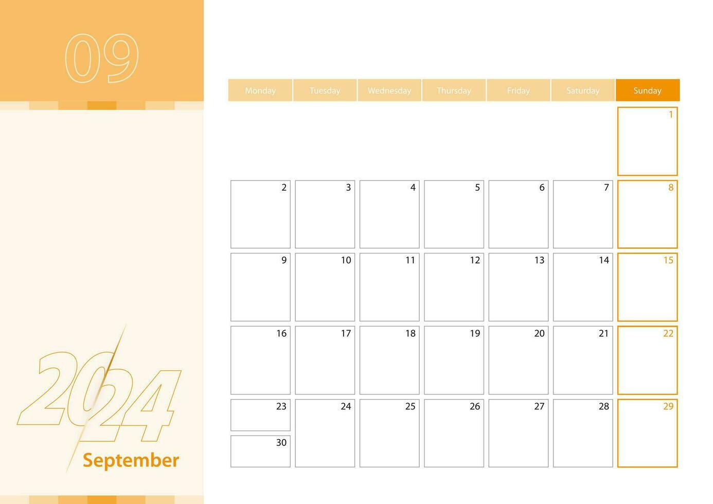 horizontal planejador para setembro 2024 dentro a laranja cor esquema. a semana começa em segunda-feira. uma parede calendário dentro uma minimalista estilo. vetor