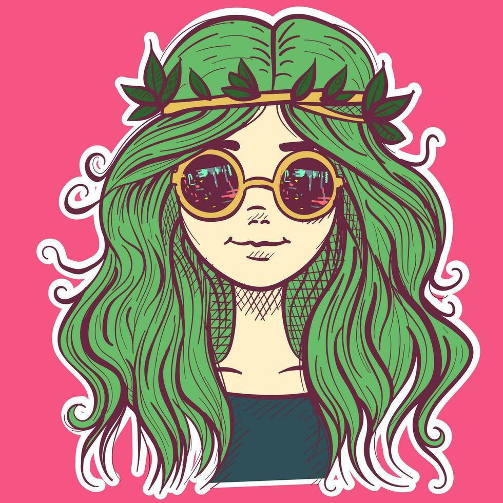 boêmio ilustração do uma hippie menina com verde cabelo e oculos escuros. funky psicodélico mulher face vestindo folhas em dela cabelo vetor