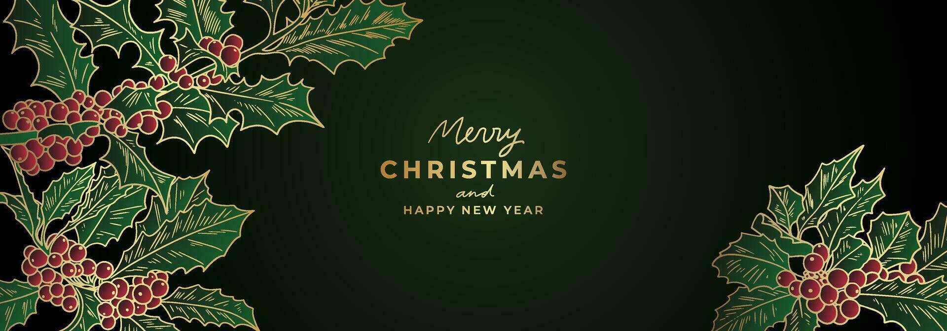 luxo dourado Natal bandeira modelo com azevinho árvore galhos. dourado chique Novo ano fundo com floral elementos vetor