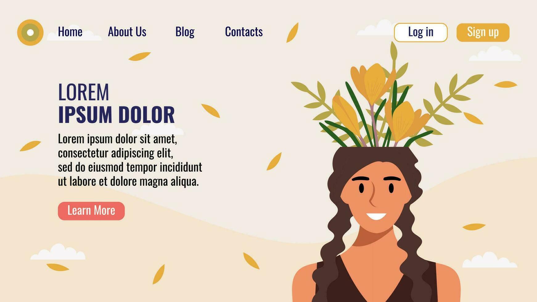 plano Projeto local na rede Internet aterrissagem página modelo com uma retrato do uma mulher com uma ramalhete do flores mental saúde conceito. vetor ilustração.