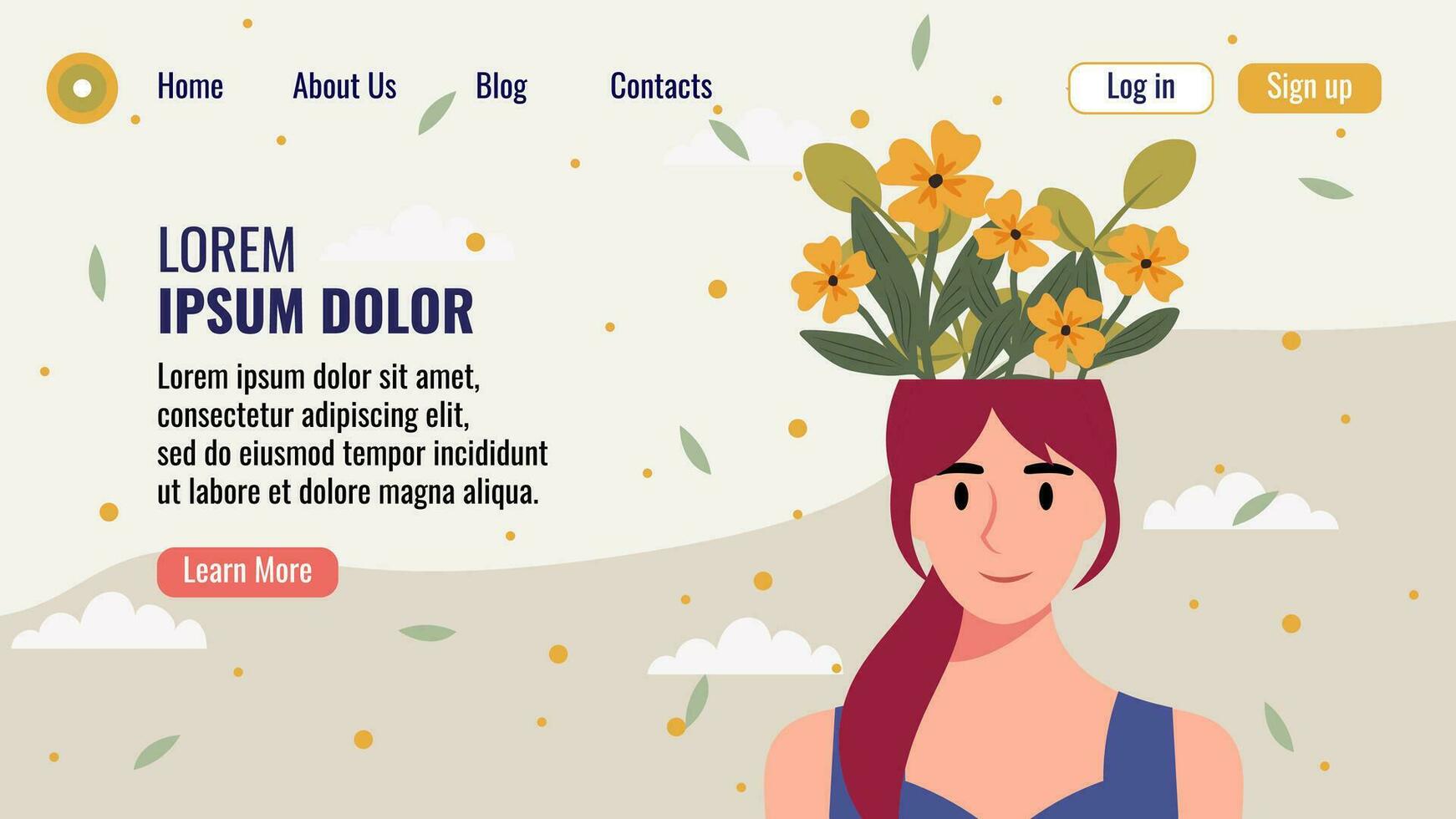 plano Projeto local na rede Internet aterrissagem página modelo com uma retrato do uma mulher com uma ramalhete do flores mental saúde conceito. vetor ilustração.