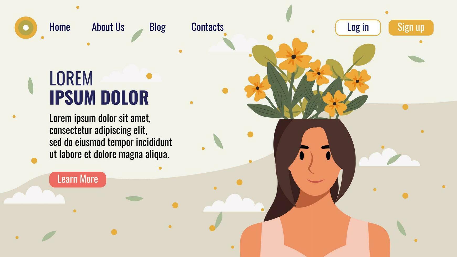 plano Projeto local na rede Internet aterrissagem página modelo com uma retrato do uma mulher com uma ramalhete do flores mental saúde conceito. vetor ilustração.