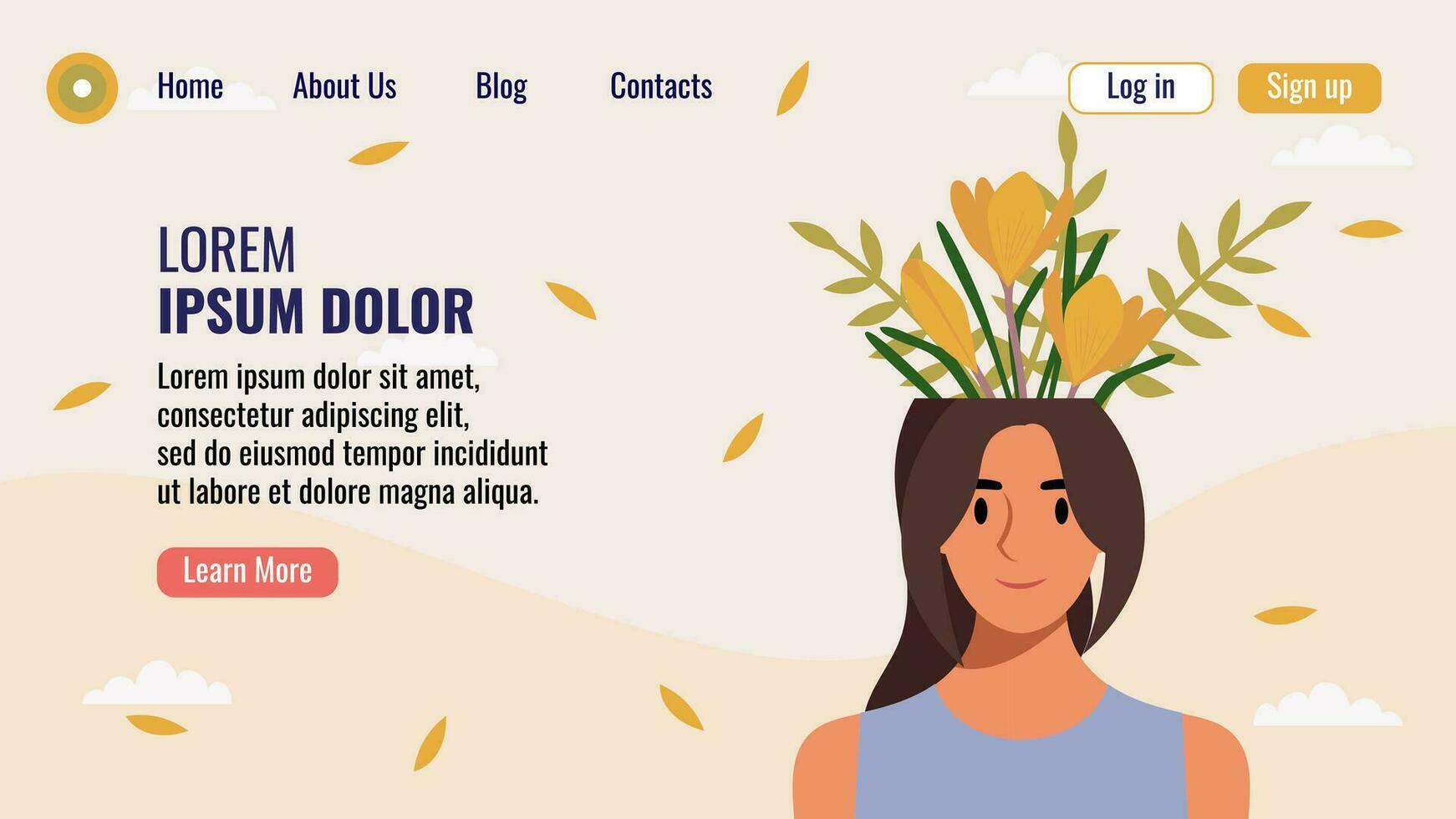 plano Projeto local na rede Internet aterrissagem página modelo com uma retrato do uma mulher com uma ramalhete do flores mental saúde conceito. vetor ilustração.