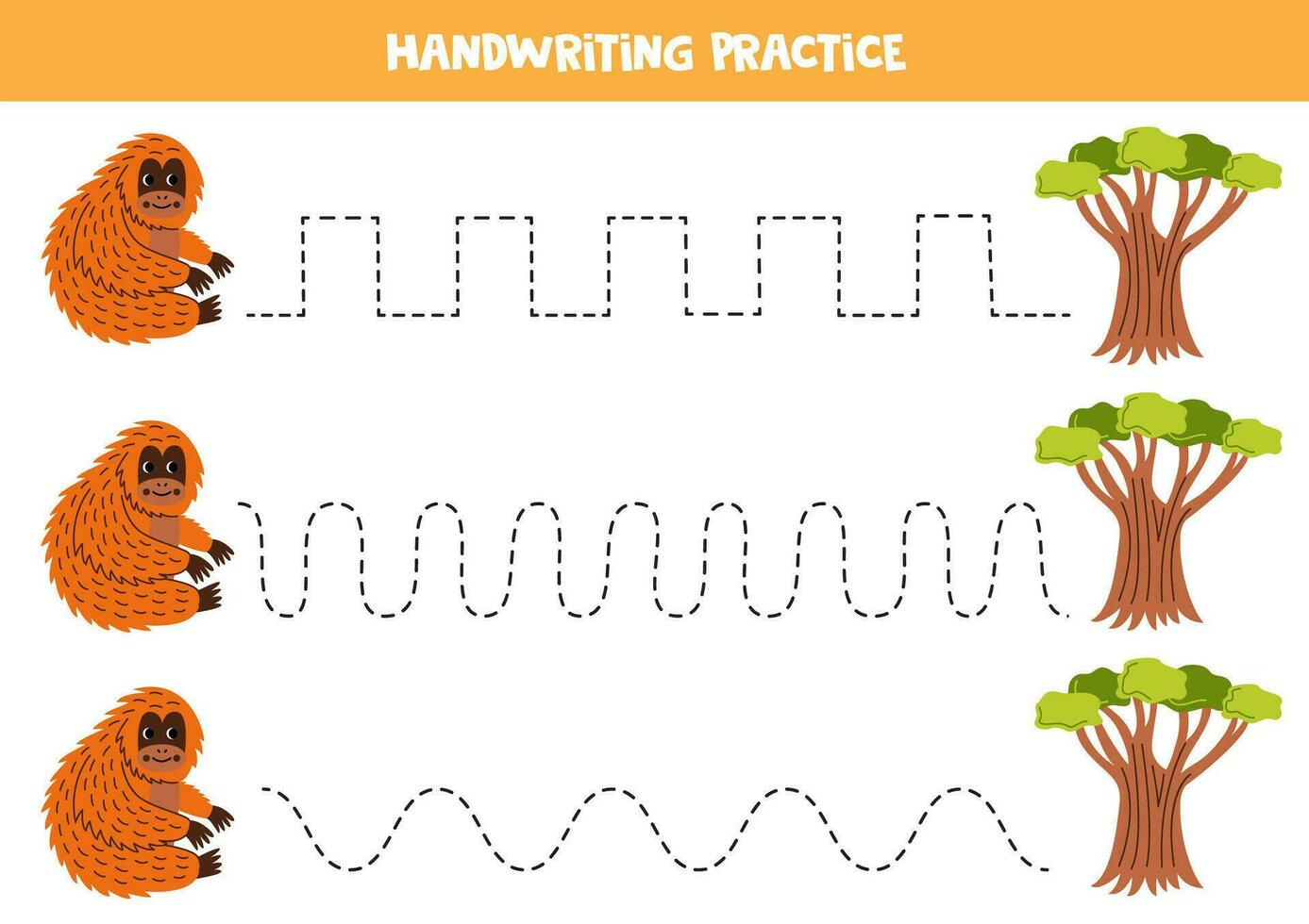 rastreamento linhas para crianças. fofa orangotango e árvore. caligrafia prática. vetor