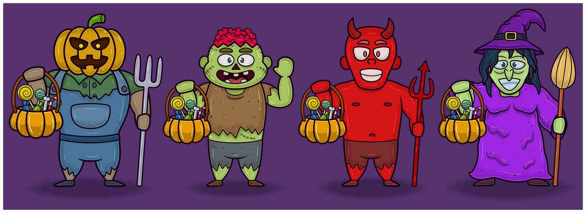 monstro abóbora, zumbi, vermelho diabo e bruxa. dia das Bruxas conjunto mascote personagens. vetor