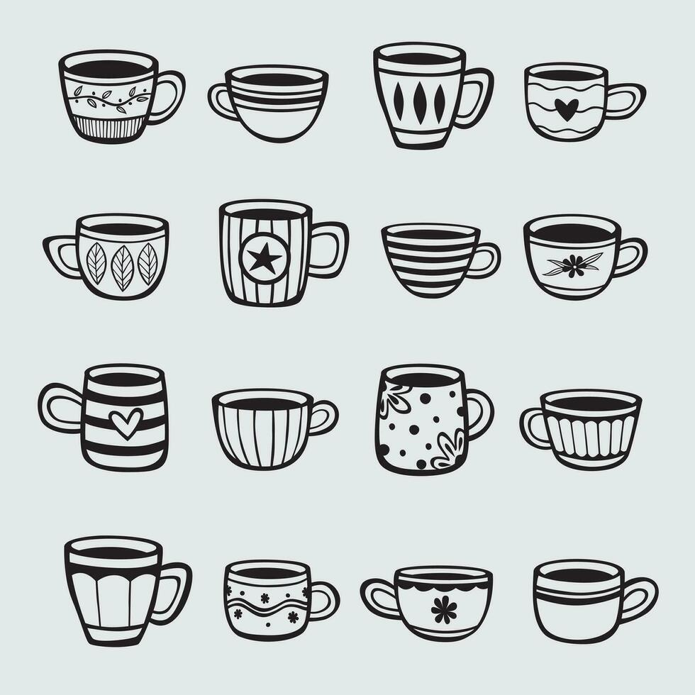 conjunto do mão desenhado copos do chá e café vetor