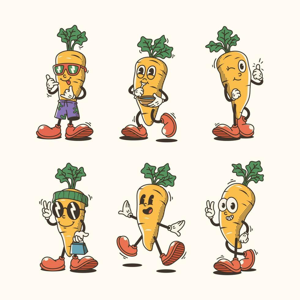 conjunto do tradicional engraçado cenoura desenho animado ilustração com variado poses e expressões vetor