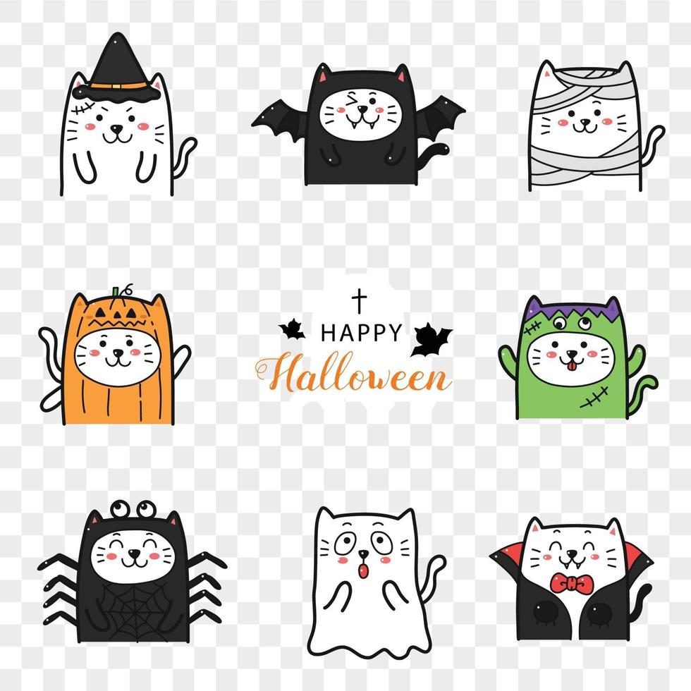 gato bonito na coleção de desenhos animados de fantasia de halloween. vetor