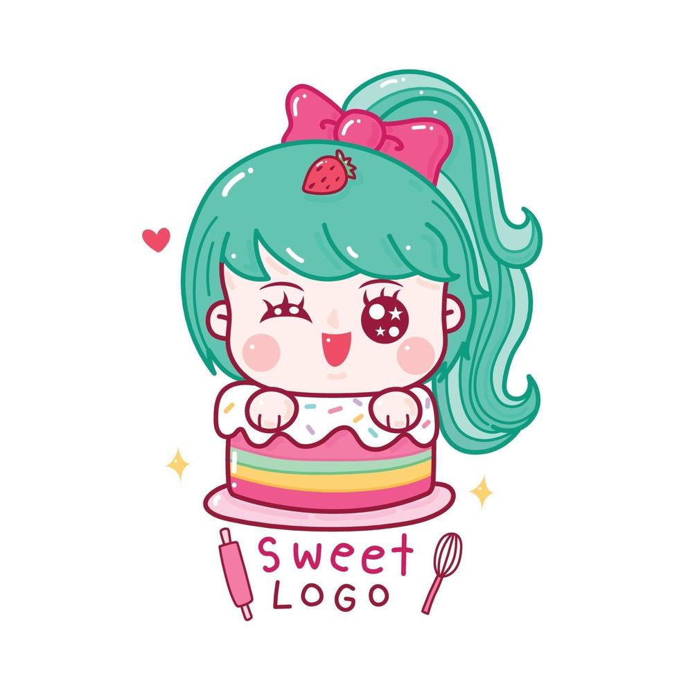 linda garota doce em um bolo. logotipo da padaria com desenhos animados kawaii. vetor