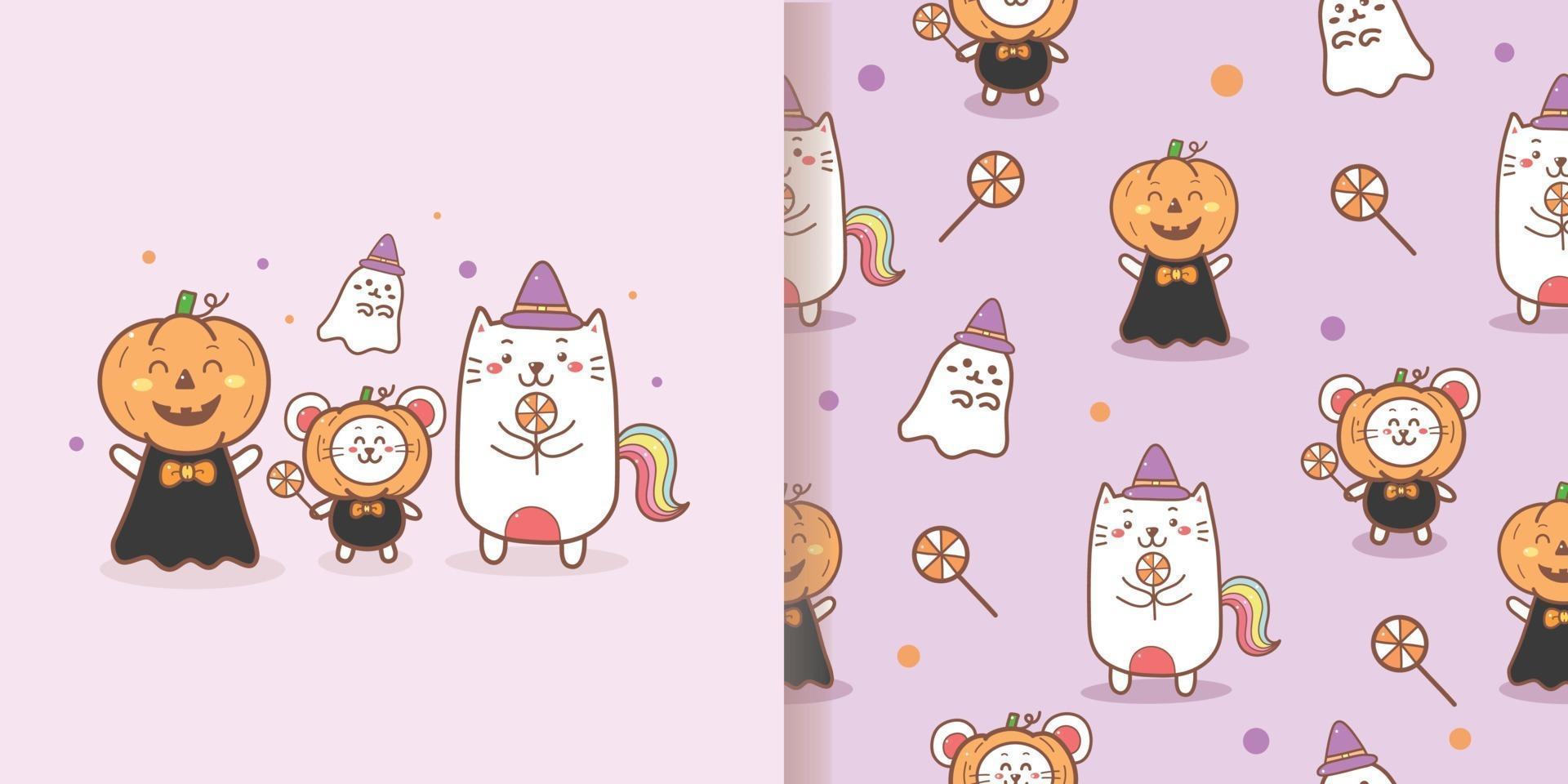 fofo halloween padrão sem emenda. doodle unicórnio gato e fantasma kawaii vetor