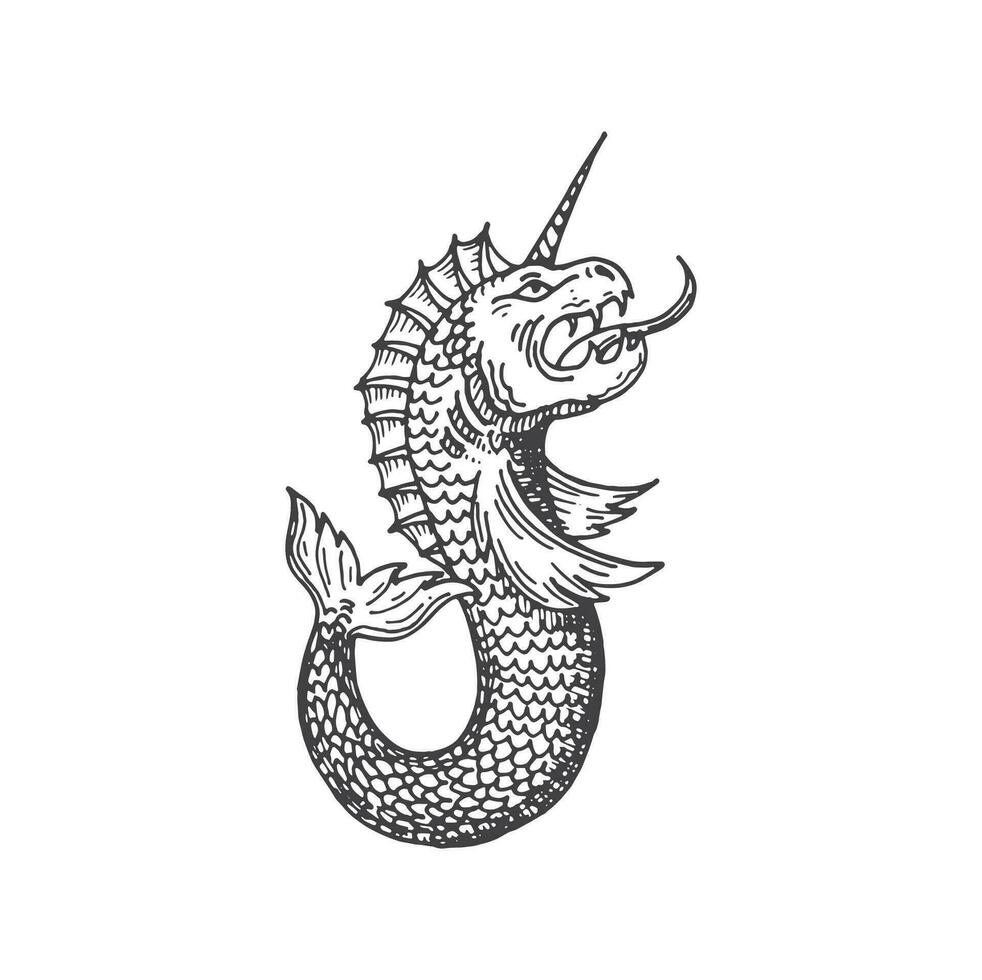medieval heráldico animal, oceano monstro esboço vetor