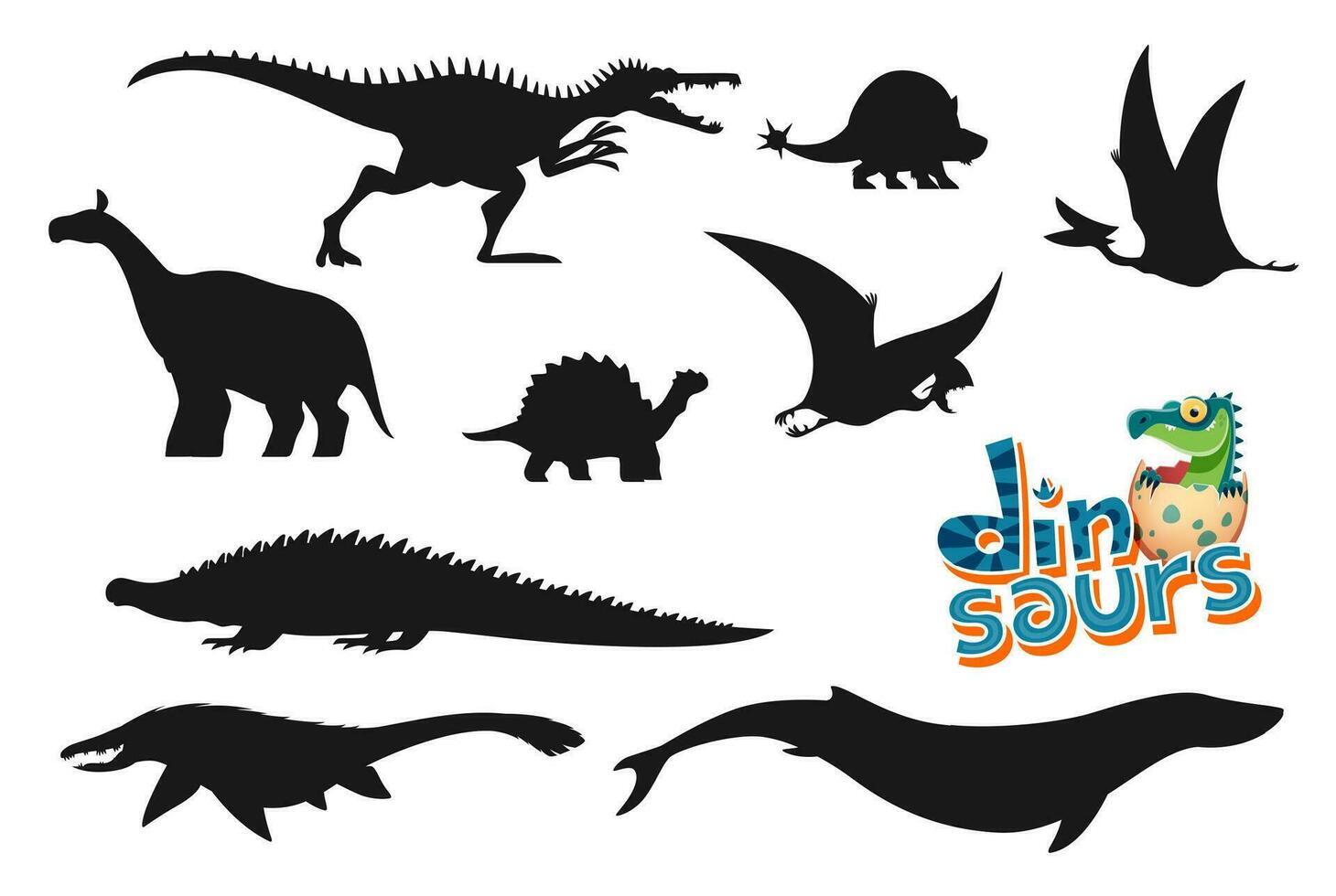 desenho animado dinossauros infantil personagens silhuetas vetor