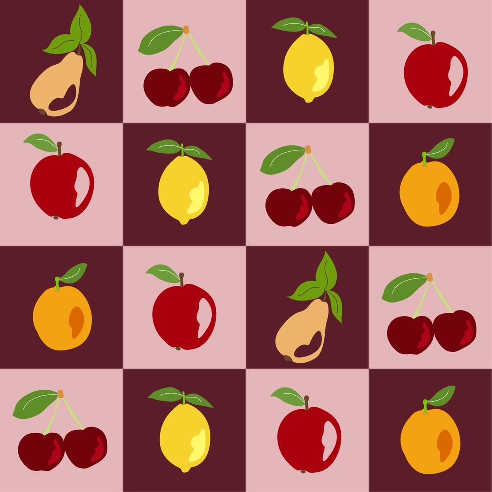 frutas padrão sem emenda em um fundo de tabuleiro de xadrez vetor