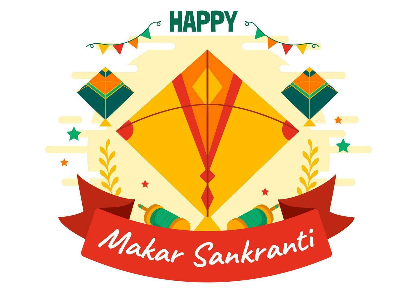 Makar Sankranti vetor ilustração. tradução a colheita festival. indiano festivo com vôo colorida pipas e corda carretéis dentro plano fundo