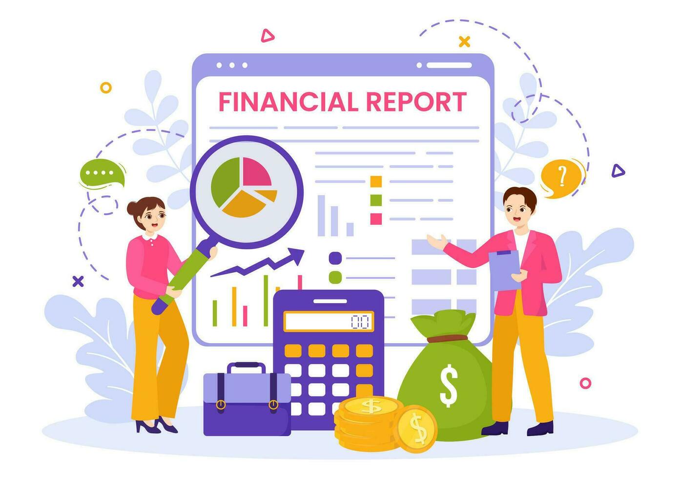 financeiro relatório vetor ilustração com dados gráficos, gráficos e diagramas em finança transação, análise e estatística conectados dentro plano fundo