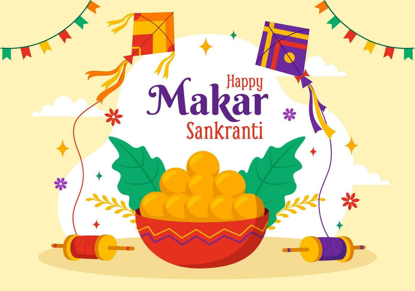 Makar Sankranti vetor ilustração. tradução a colheita festival. indiano festivo com vôo colorida pipas e corda carretéis dentro plano fundo