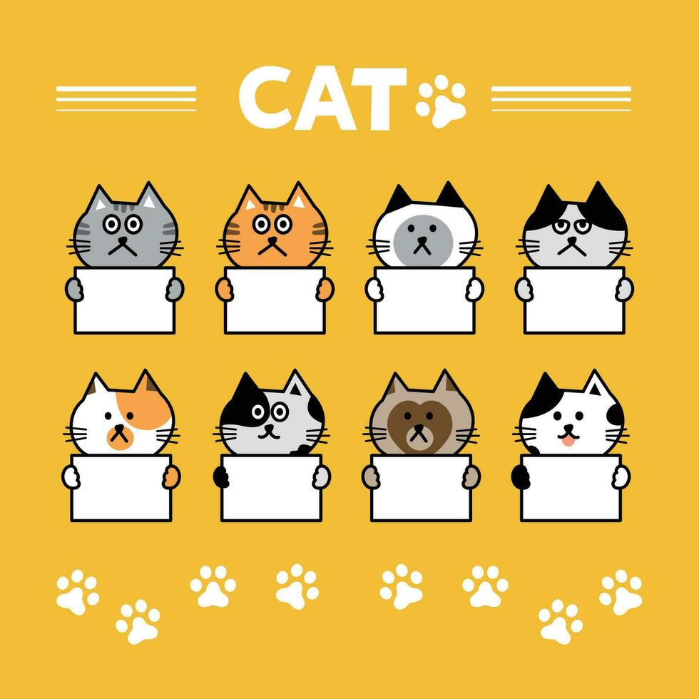 gato cabeça emoji vetor. linha ilustração do vários gatos segurando em branco sinais em amarelo fundo. vetor