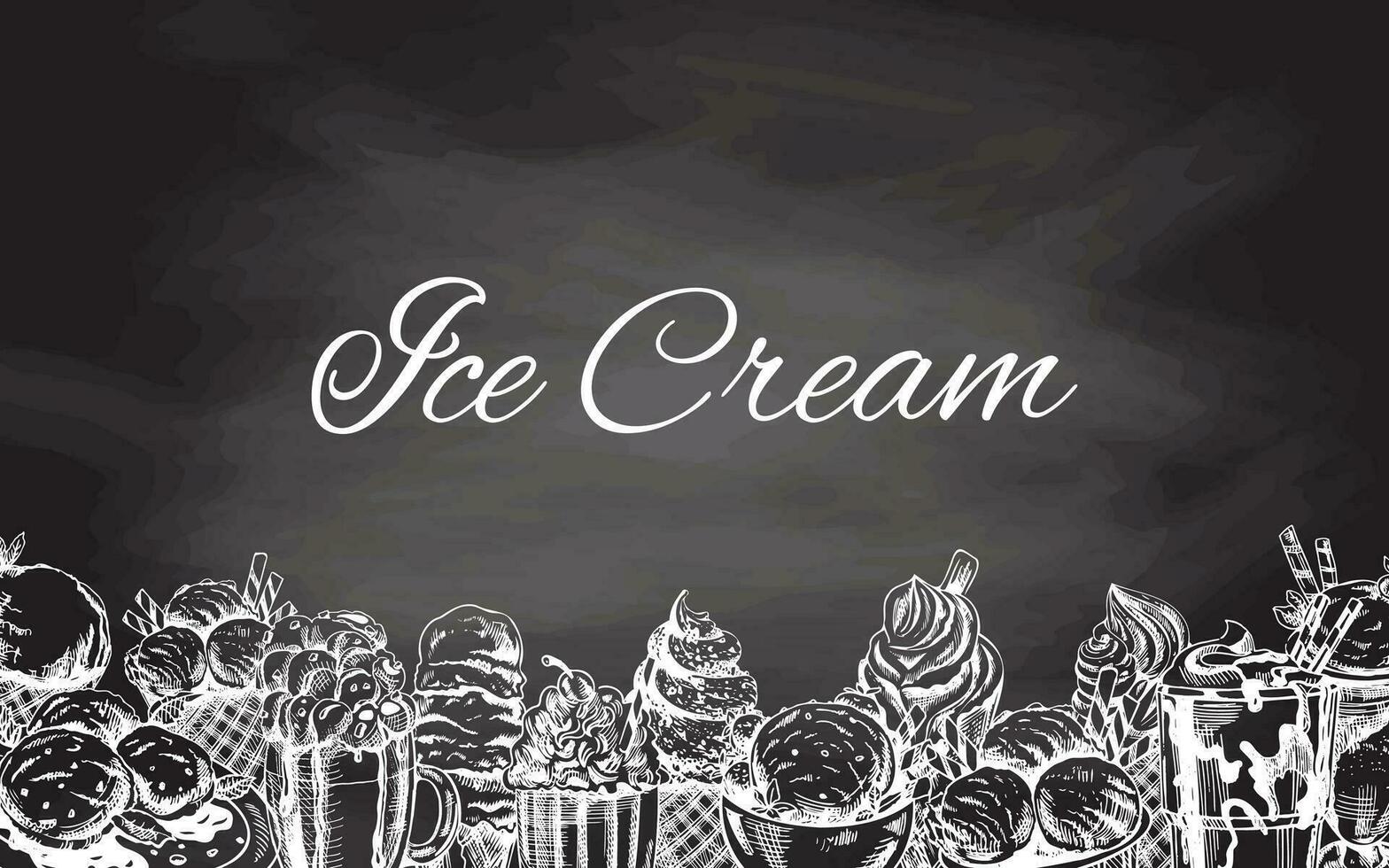 vintage branco gelo creme modelo, desenhado à mão em quadro-negro fundo. a conceito do sobremesa, uma doce prato dentro uma vintage rabisco estilo. uma modelo com a esvaziar espaço. vetor