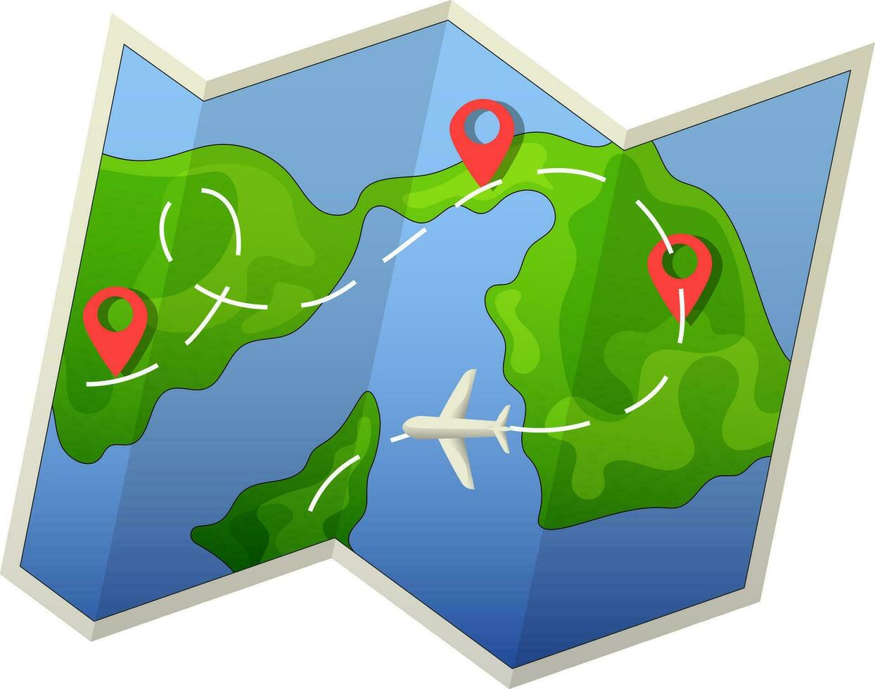 avião moscas por aí papel mapa com localização marcações. vetor ilustração, conceito para viagem e voos