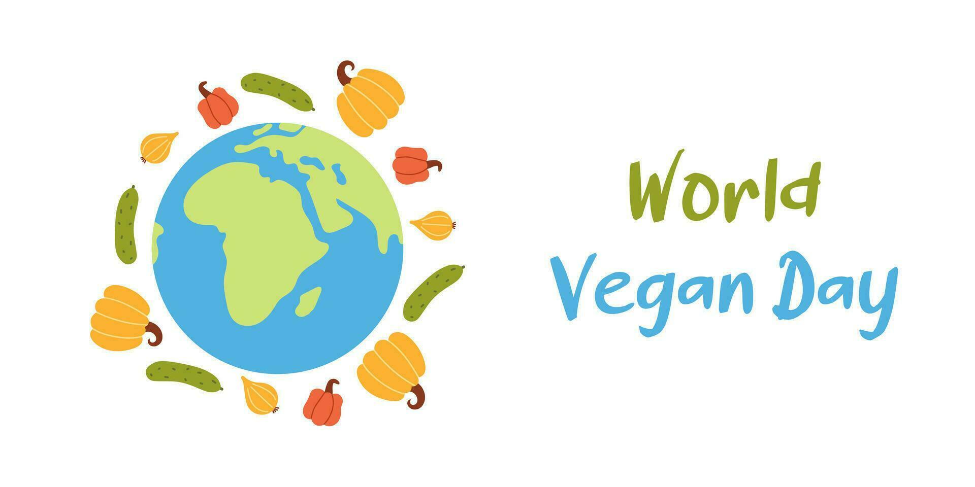 vetor mundo vegano dia fundo. ilustração com texto, terra planeta e legumes para cumprimento cartão, poster, folheto e bandeira Projeto.