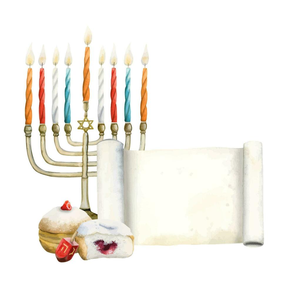 hanukkah velas dentro menorah cumprimento cartão modelo com Hanukquias, rosquinhas e dreidel aguarela vetor ilustração