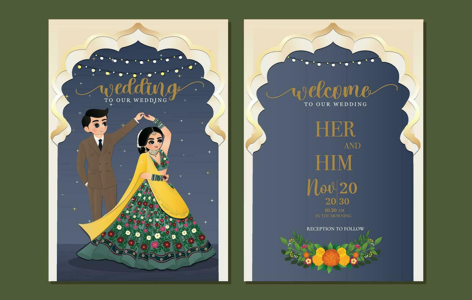 cartão de convite de casamento da noiva e do noivo no personagem de desenho animado tradicional vestido indiano vetor
