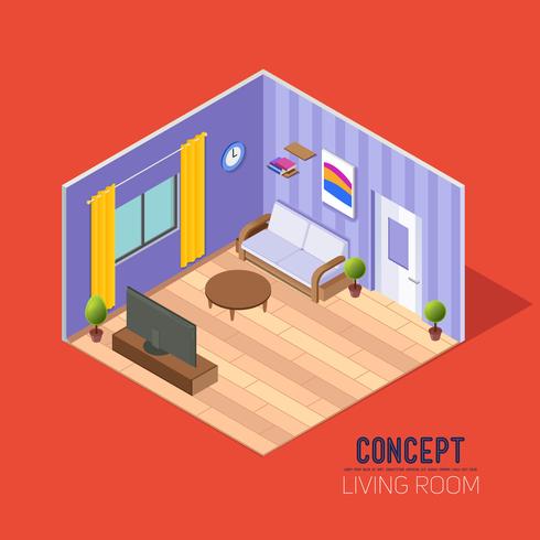 Quarto Concept 3d, sala de estar com sofá e TV, sala de estar com janela e cortinas de porta vetor