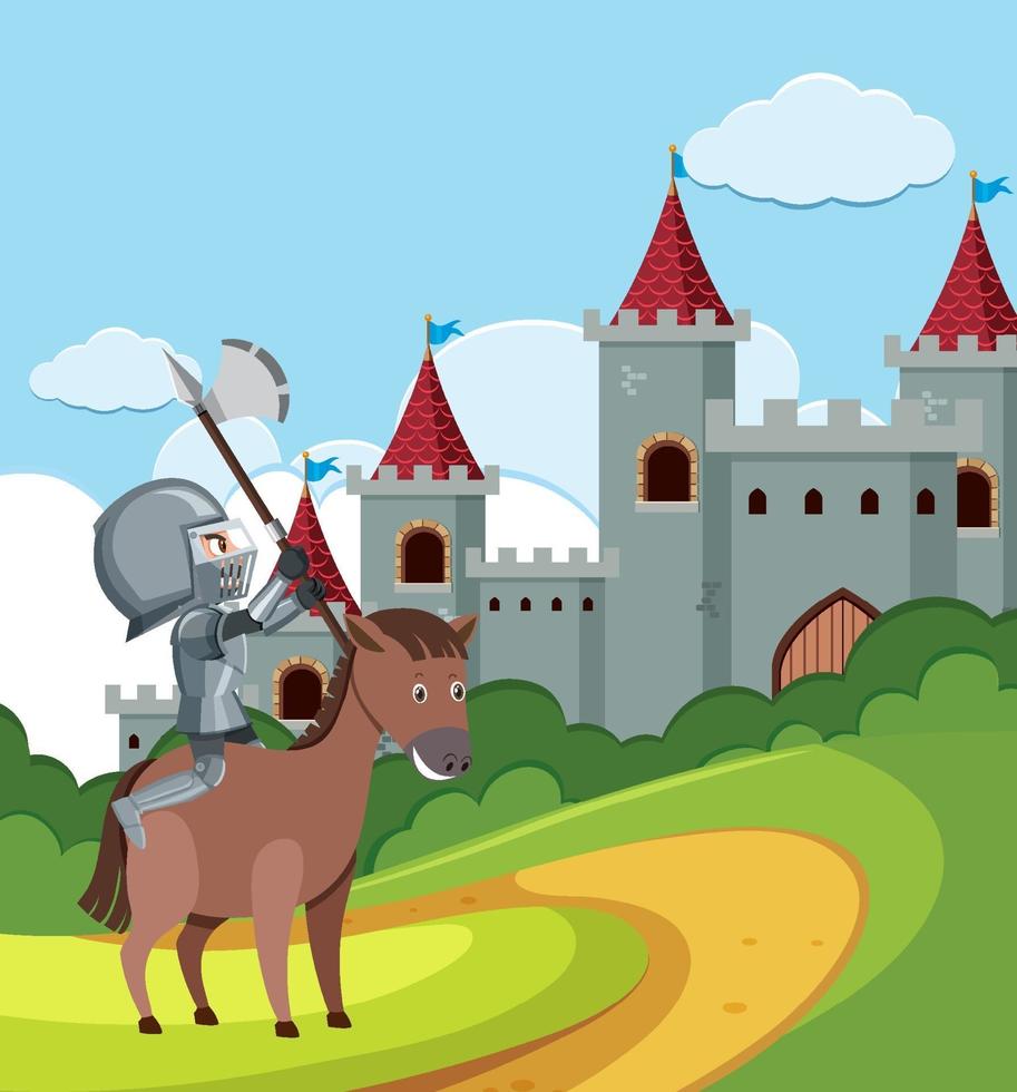 cavaleiro cavalgando em frente ao castelo vetor