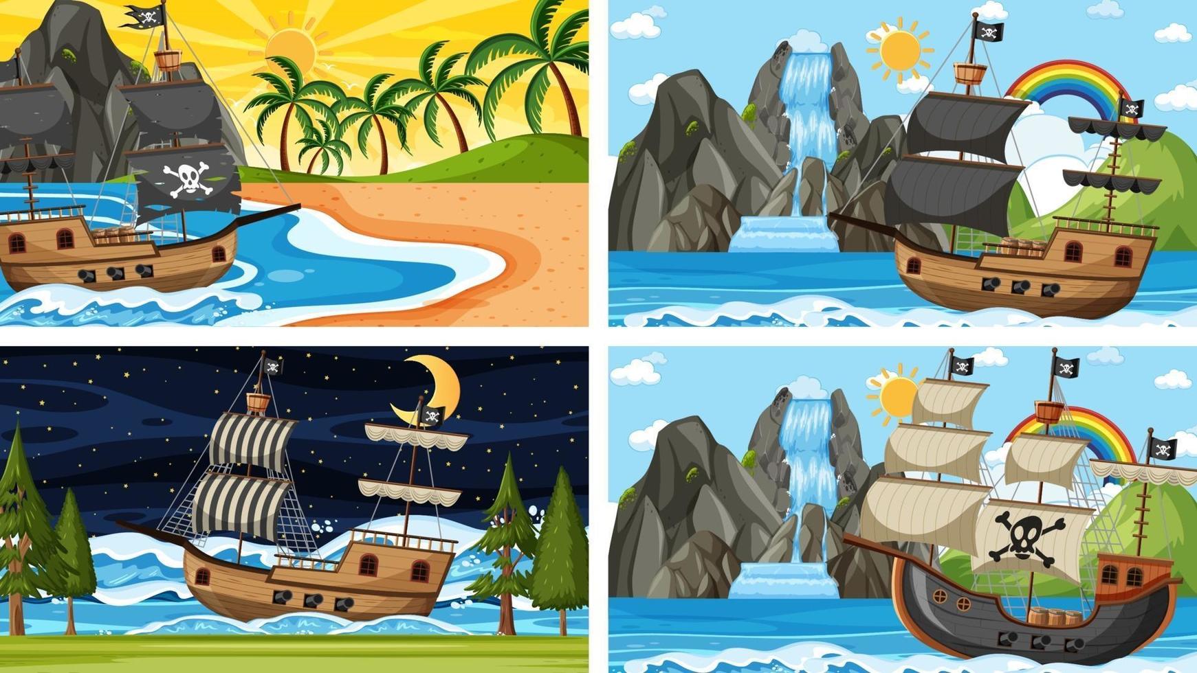 quatro cenas de praia diferentes com o navio pirata vetor