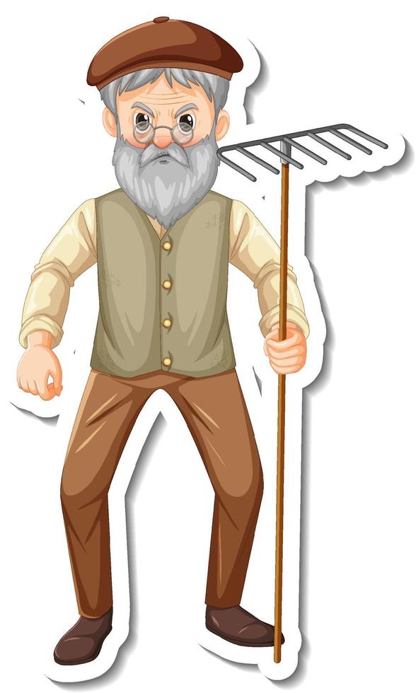 modelo de adesivo com um velho jardineiro segurando um ancinho de ferramenta de jardinagem vetor