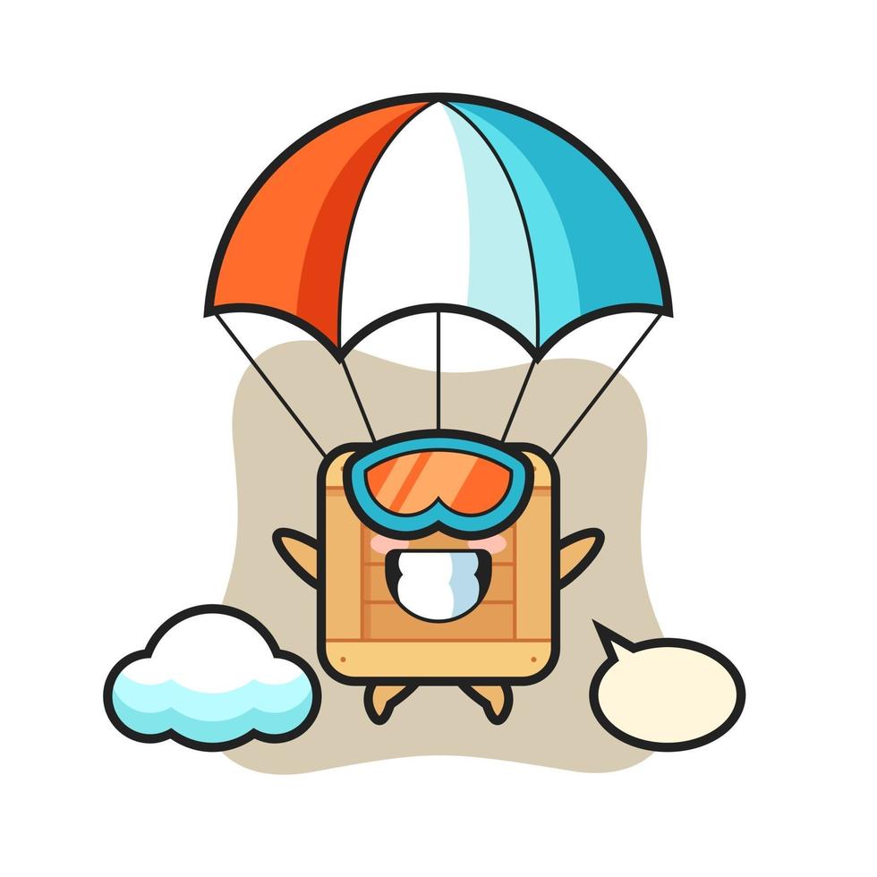 desenho animado do mascote da caixa de madeira fazendo paraquedismo com um gesto feliz vetor