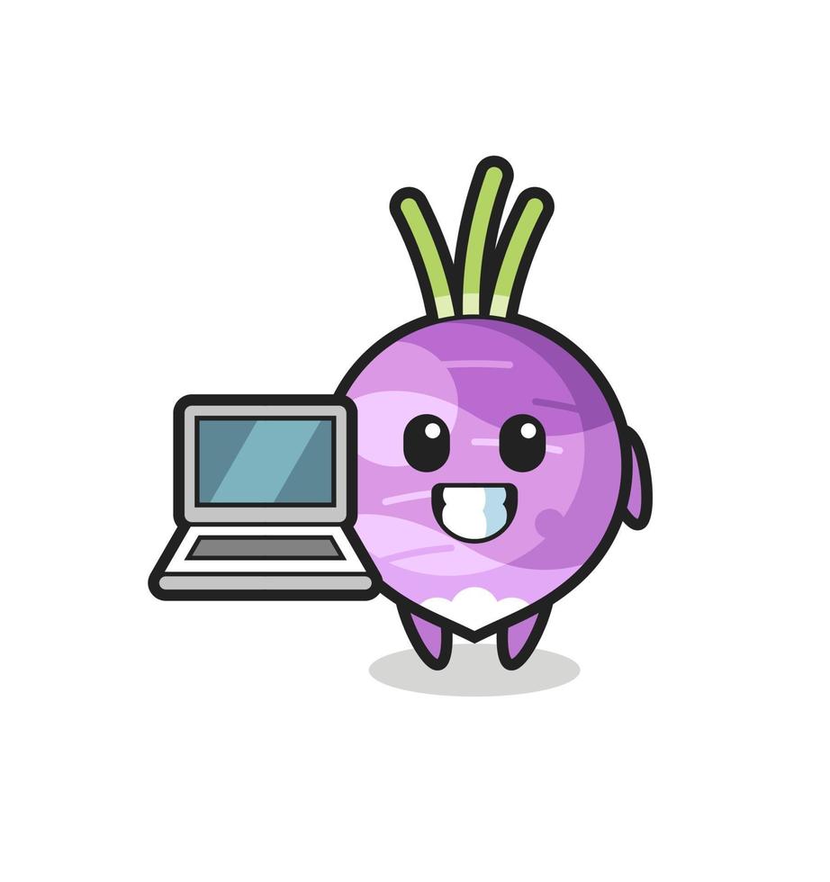 ilustração do mascote do nabo com um laptop vetor