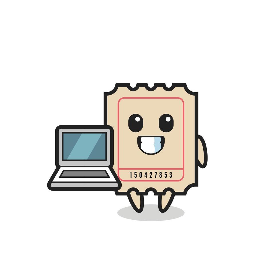 ilustração do mascote do ingresso com um laptop vetor