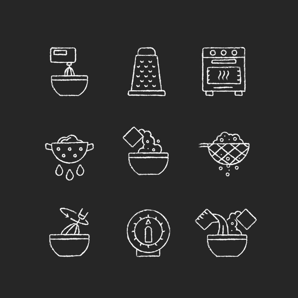 ícones de giz branco de instrução de culinária de comida em fundo escuro vetor