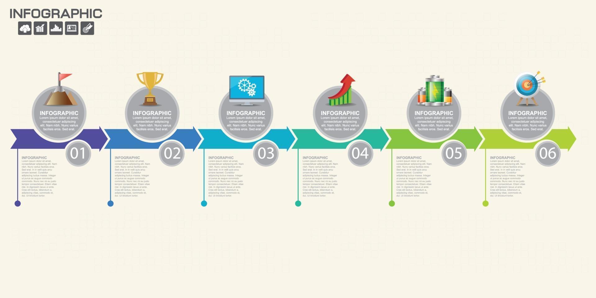 modelo de infográficos com gráfico de processo de fluxo de trabalho de 6 elementos. vetor