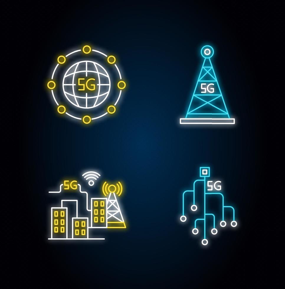 Conjunto de ícones de luz de néon de tecnologia sem fio 5g vetor