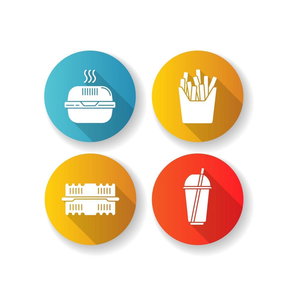 pacotes de comida para viagem design plano conjunto de ícones de glifo de sombra longa vetor