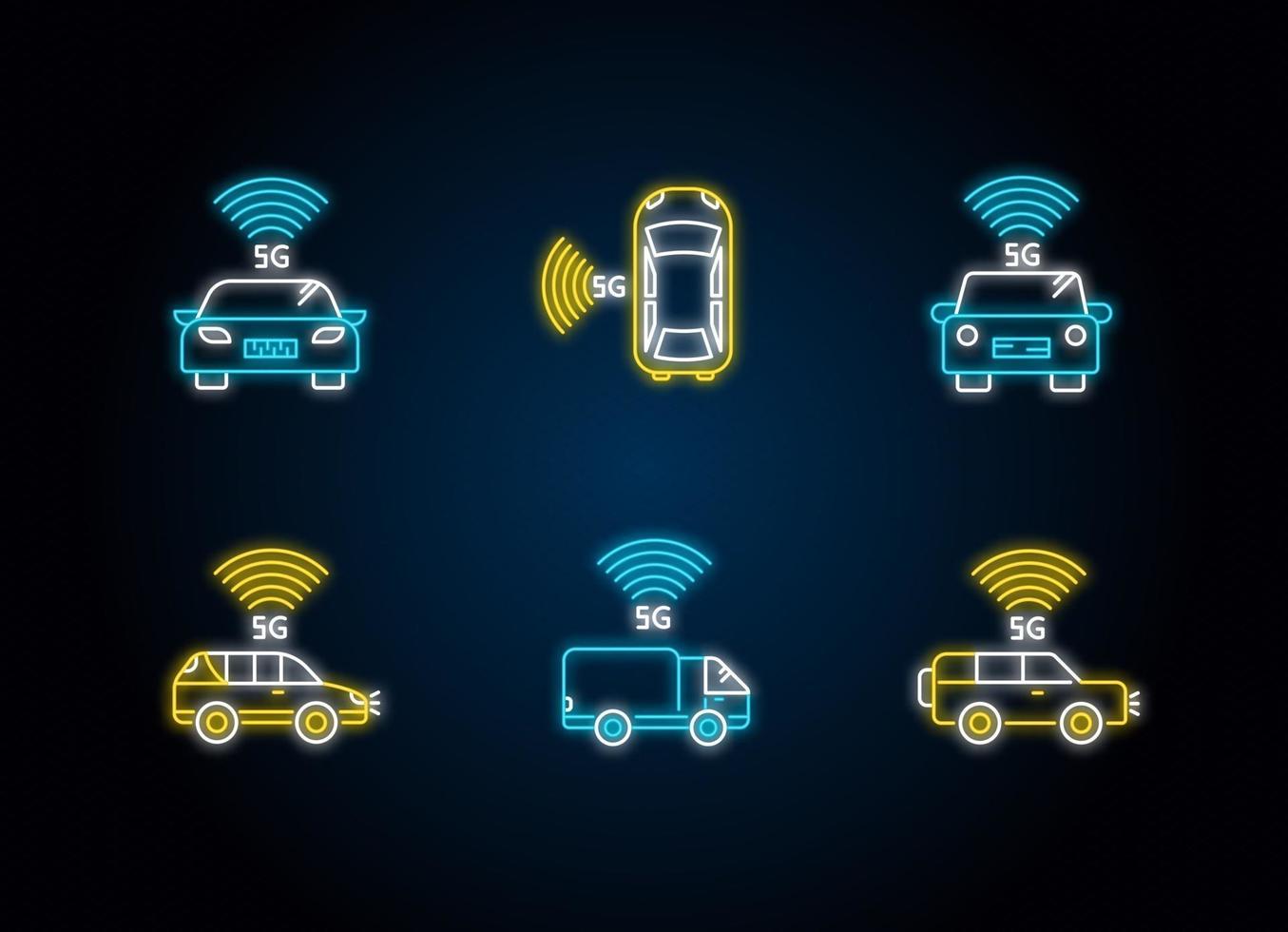 Conjunto de ícones de luz de néon para carros inteligentes 5g vetor