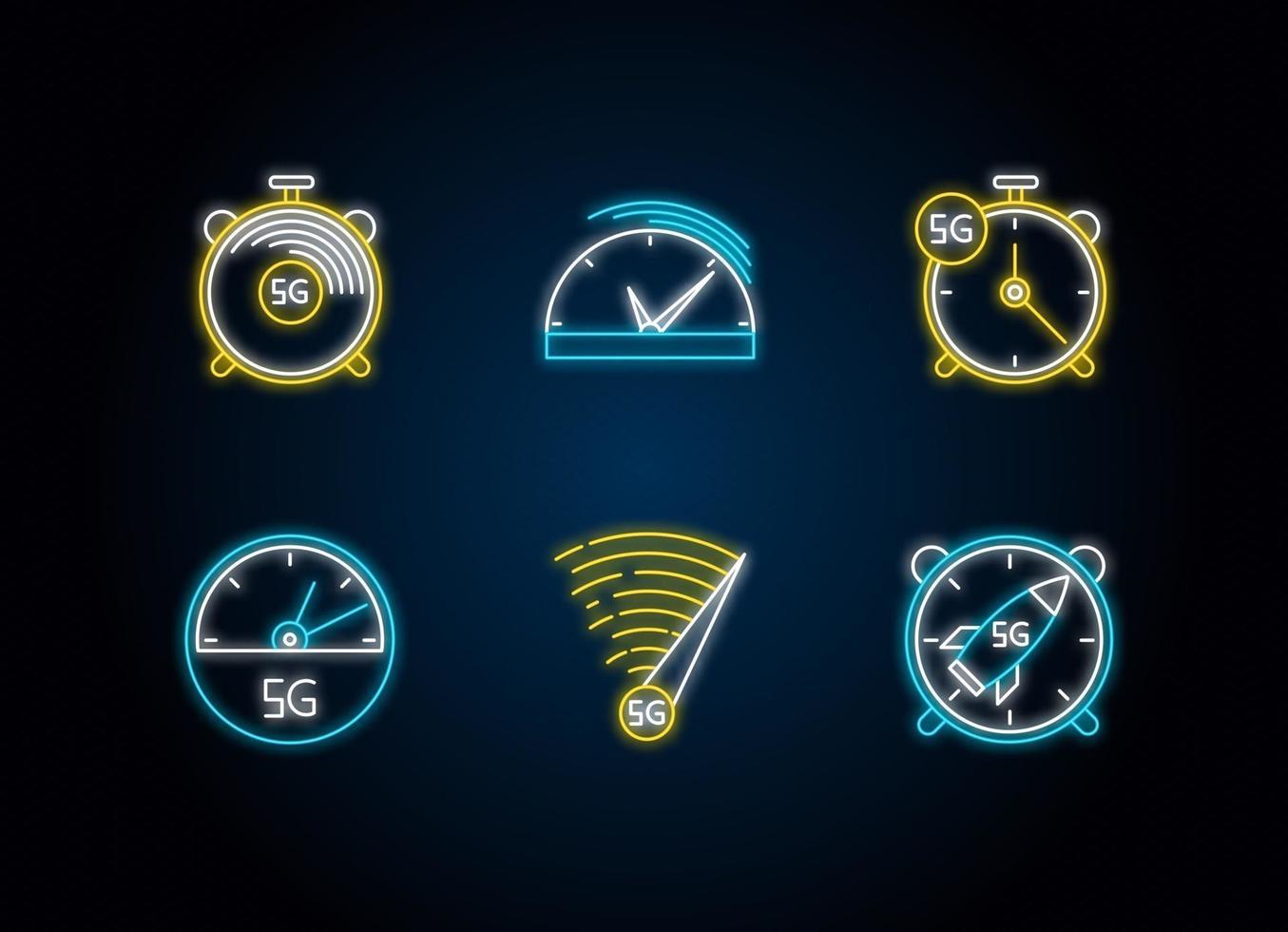 Conjunto de ícones de luz de néon de conexão de velocidade rápida 5g vetor