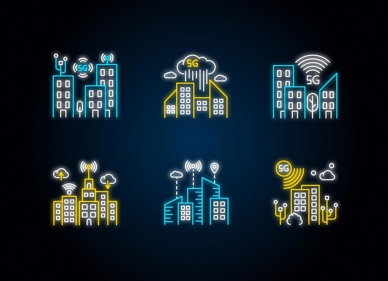 Conjunto de ícones de luz de néon 5g smart city vetor