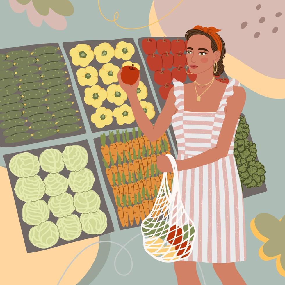 ilustração de uma linda garota jovem comprando comida na loja ou no mercado vetor