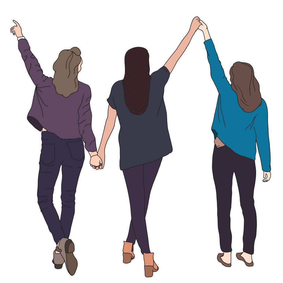 três garotas balançando as mãos no ar, desenhadas na parte de trás vetor