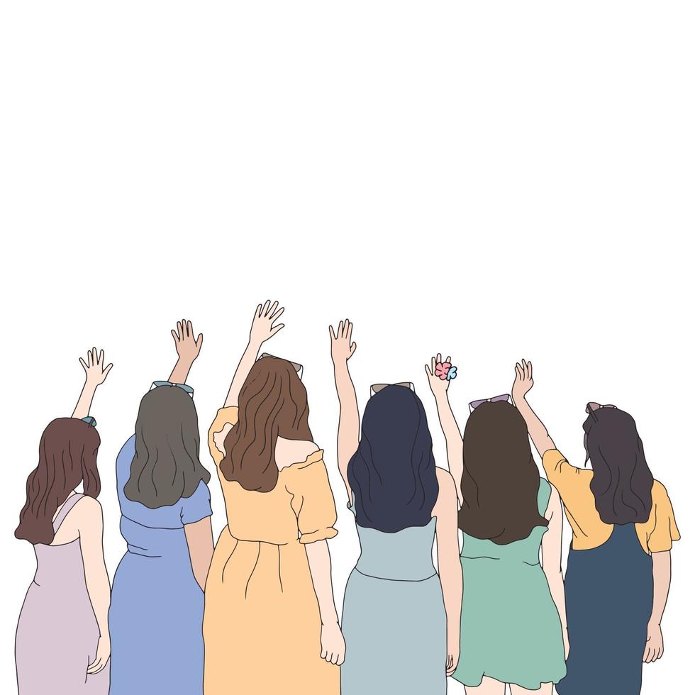 um grupo de meninas acenando com as mãos no ar, hora dos amigos, vetor