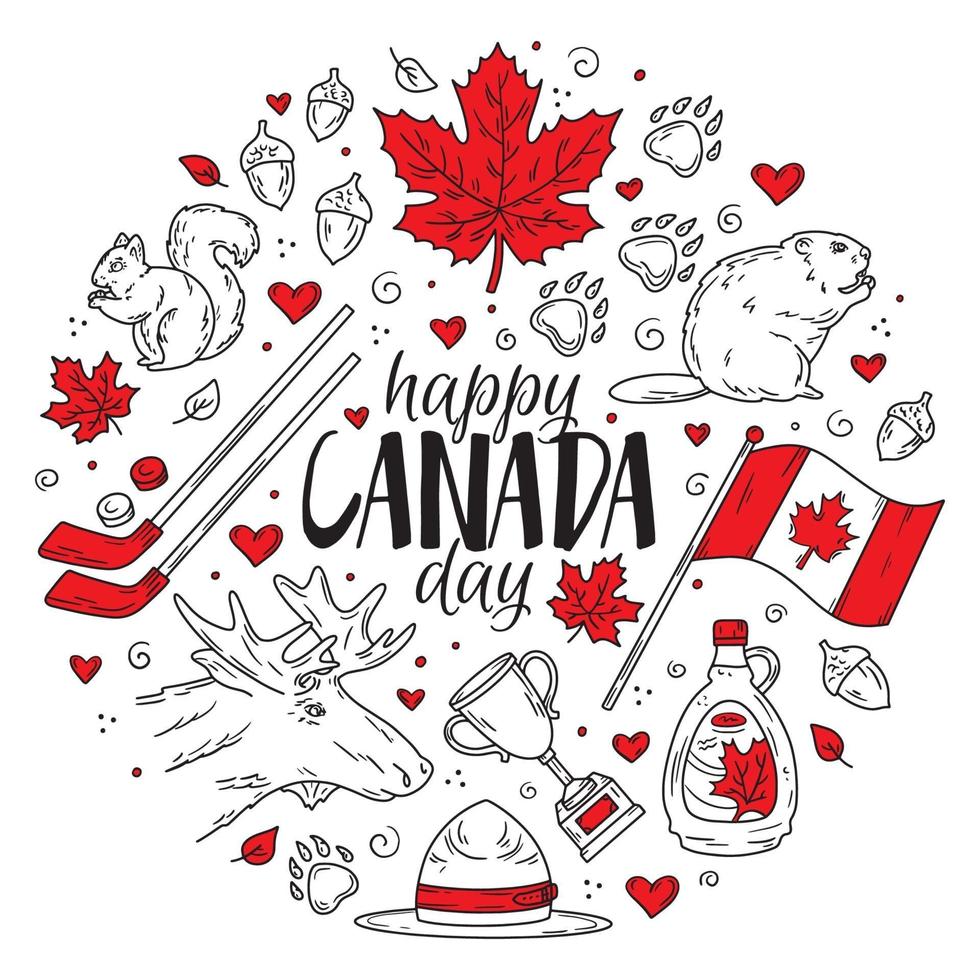 feliz dia nacional do Canadá, um conjunto de ícones de estilo doodle vetor