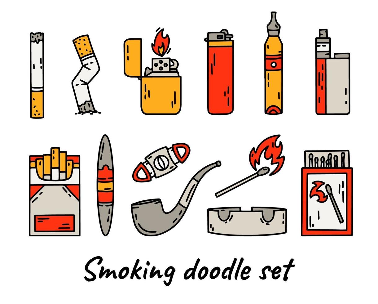 Ícones de vetor de fumar cigarros definidos em estilo doodle